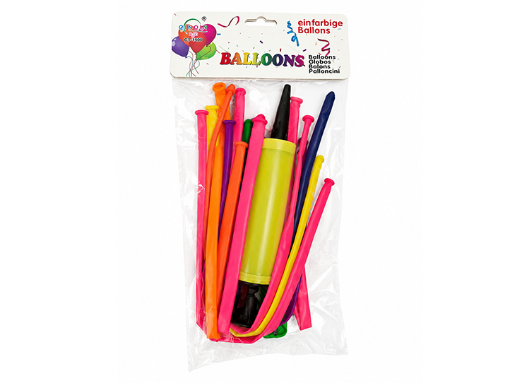 Pack 10 globos alargados con inflador colores fluor